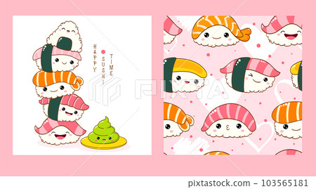 Set of seamless pattern and one print with cute sushi and roll in kawaii style. Endless texture can be used for textile pattern fills, t-shirt design Set of seamless pattern and one print with cute sushi and roll in kawaii style. Endless texture can be used for textile pattern fills, t-shirt design 103565181