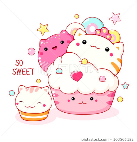 Cute cat-shaped dessert in kawaii style. Cake, muffin and cupcake with whipped cream and berry. Inscription So sweet. Can be used for t-shirt print, sticker, greeting card. Vector illustration EPS8 103565182