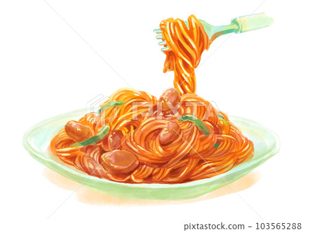 用叉子舉起美味的那不勒斯意大利面的水彩插圖 用叉子舉起美味的那不勒斯意大利面的水彩插圖 103565288