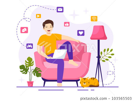 Internet Addiction Vector Illustration with Young People Addicted to Using Devices Such as Laptop or Smartphone in Flat Cartoon Hand Drawn Templates 103565503