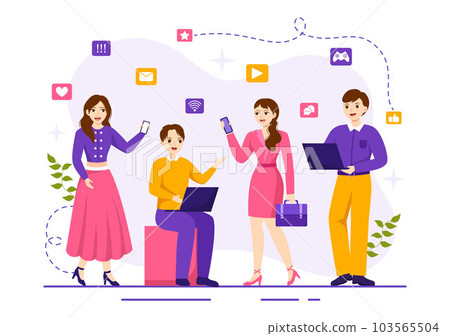 Internet Addiction Vector Illustration with Young People Addicted to Using Devices Such as Laptop or Smartphone in Flat Cartoon Hand Drawn Templates 103565504