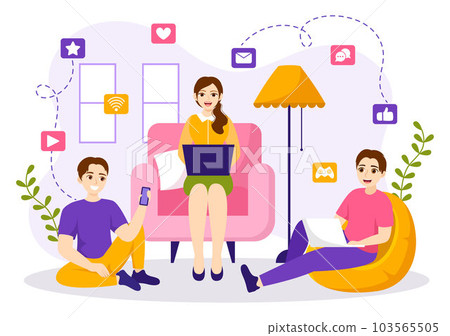 Internet Addiction Vector Illustration with Young People Addicted to Using Devices Such as Laptop or Smartphone in Flat Cartoon Hand Drawn Templates Internet Addiction Vector Illustration with Young People Addicted to Using Devices Such as Laptop or Smartphone in Flat Cartoon Hand Drawn Templates 103565505