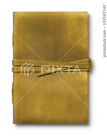 Old worn yellow leather notebook isolated on white background Old worn yellow leather notebook isolated on white background 103565542