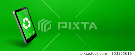 Smartphone with a recycling symbol on screen. environmental conservation concept Smartphone with a recycling symbol on screen. environmental conservation concept 103565616