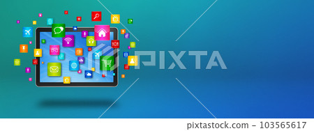 Flying icons around a tablet PC. Cloud computing concept 103565617