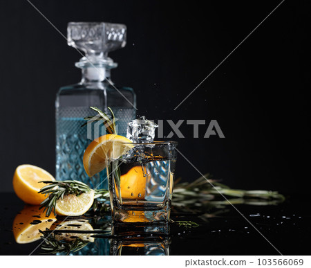 Gin-tonic with lemon slices and twigs of rosemary. Gin-tonic with lemon slices and twigs of rosemary. 103566069