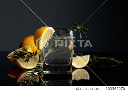 Cocktail gin-tonic with lemon rosemary. Cocktail gin-tonic with lemon rosemary. 103566070