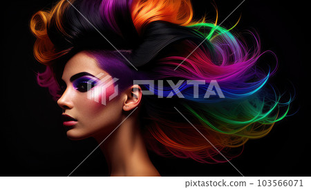 Beauty portrait of color haired young woman with makeup and long hair in neon colors. Closeup 103566071