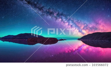 Fantastic neon panoramic view on sea, mountains, sky with stars and milky way. Long exposure 103566072