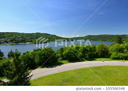 Brno Dam - Czech Republic. Beautiful Czech landscape with forests, lake and blue sky. Recreational area for sports and entertainment. 103566346