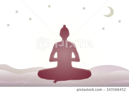 Illustration of a silhouette of a person doing a yoga pose or meditation on a moonlit night 103566452