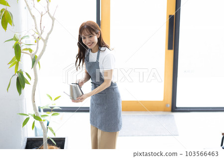 A woman watering houseplants in a shop A woman watering houseplants in a shop 103566463