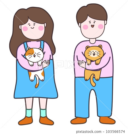 A female and male couple character with a cat character A female and male couple character with a cat character 103566574