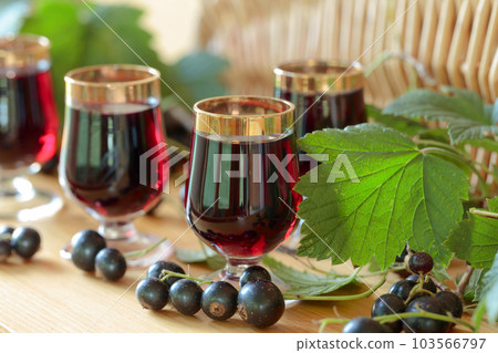 Homemade black currant liqueur and fresh berries. 103566797