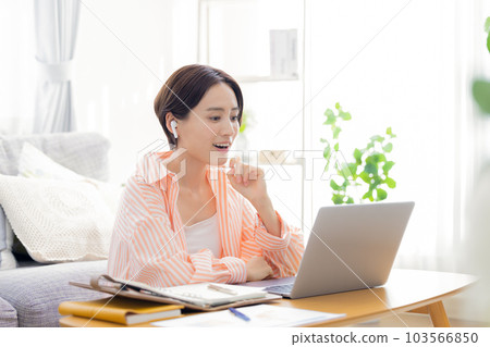 Business woman participating in an online meeting at home 103566850