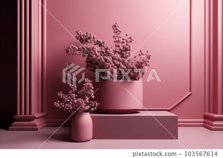 Pink podium with pink flowers with green leaves. Product presentation pedestal. AI generated 103567614