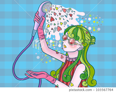 女孩洗澡的心淺藍色檢查背景飛濺 103567764