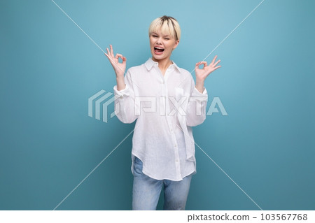 funny young blond business woman in white shirt on background with cop and space funny young blond business woman in white shirt on background with cop and space 103567768