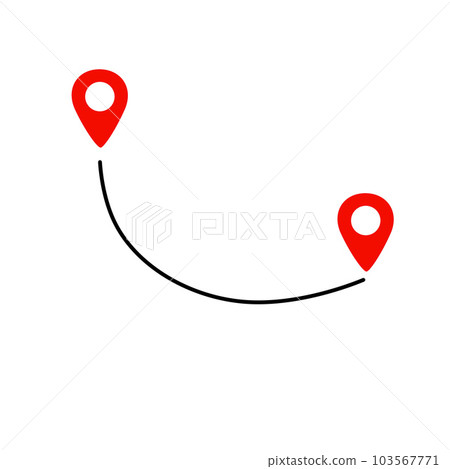 Black route tracking icon. Simple 2 pins path. Searching global mobile GPS navigation. Line distance illustration isolated on white Black route tracking icon. Simple 2 pins path. Searching global mobile GPS navigation. Line distance illustration isolated on white 103567771