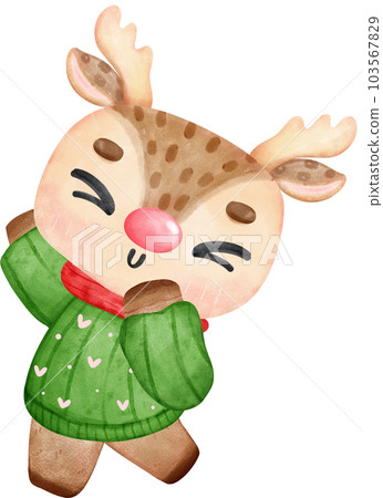 Cute reindeer Christmas wearing scarf and santa hat cartoon character watercolour hand painting  103567829