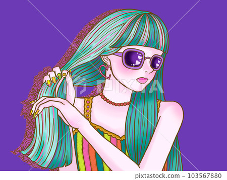 Girl touching her hair purple background Girl touching her hair purple background 103567880