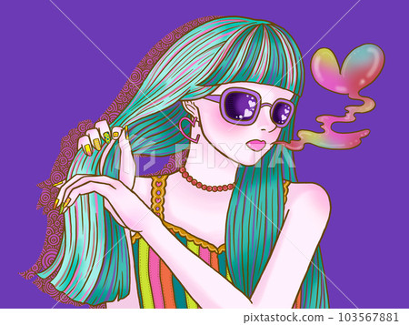 Girl touching her hair purple background heart 103567881