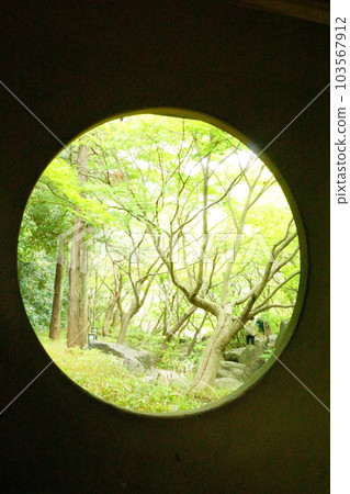 Trees in the garden seen through the round window Trees in the garden seen through the round window 103567912