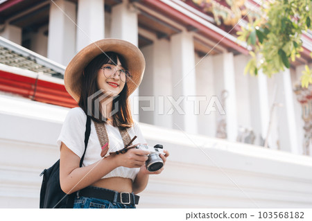 Young adult asian cute woman traveller backpack solo local travel. 103568182