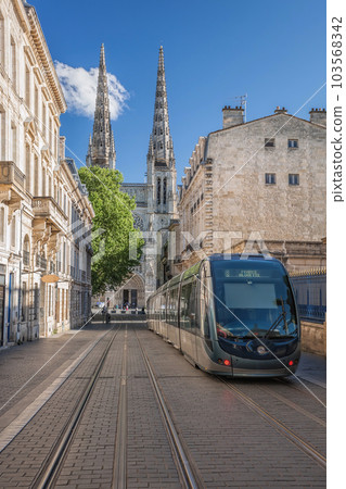 Bordeaux Cathedral (Cathedrale Saint Andre) seen from Vital Carles street with bordeaux tram in France 103568342