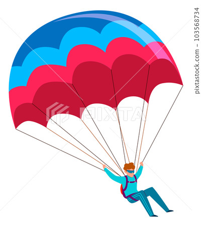 Skydiver. Man with open parachute flying in sky. Falling from airplane. Extreme dangerous sport or hobby. Professional skydiving and parachuting. Cartoon flat isolated vector illustration 103568734