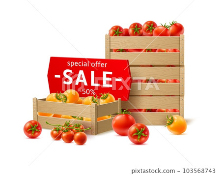 Realistic tomatoes boxes. Storage wooden crates with vegetables, products transportation, grocery sale offer, agricultural containers, fresh natural food, 3d isolated utter vector concept Realistic tomatoes boxes. Storage wooden crates with vegetables, products transportation, grocery sale offer, agricultural containers, fresh natural food, 3d isolated utter vector concept 103568743