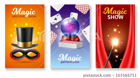 Magician accessories cards. Realistic illusionist equipment, crystal ball, mask with top hat, magic wand, wizard show invitations, performance posters, 3d isolated elements, utter vector set Magician accessories cards. Realistic illusionist equipment, crystal ball, mask with top hat, magic wand, wizard show invitations, performance posters, 3d isolated elements, utter vector set 103568751