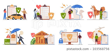 Insurance compositions. People who care about their property, health and life, agents and users, finance investments. Safety shield scene. Cartoon flat isolated illustration. Nowaday vector set 103568756