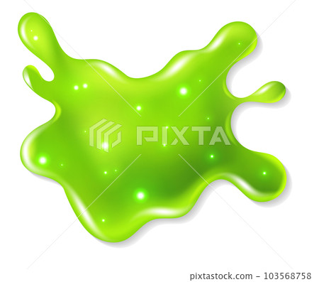 Green slime. Bright toxic shiny liquid blob splatter, spot of poison dribble silhouette, paint drip, sticky jelly drop with glitter. Realistic isolated on white element vector illustration 103568758