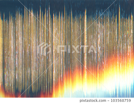Color distortion. Analog glitch texture. Static noise. Orange blue white rainbow frequency artifacts dust scratches on black illustration abstract background. 103568759