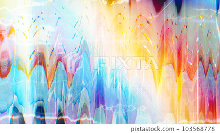Glitch art background. Color distortion texture. Paint gradient. Orange blue rainbow glow noise artifacts dust scratches abstract illustration wallpaper. 103568778