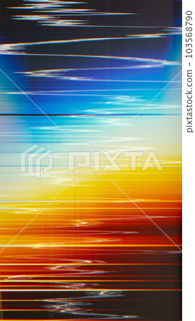 Color glitch texture. Distortion overlay. Distressed screen. Blue orange white gradient glow defect dust scratches noise on black illustration abstract background. 103568790