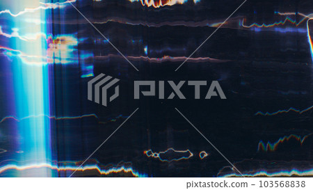 Glitch overlay. Light flare noise. Old film artifacts. Blue purple orange white color glow distortion dust scratches texture on dark black illustration abstract background. Glitch overlay. Light flare noise. Old film artifacts. Blue purple orange white color glow distortion dust scratches texture on dark black illustration abstract background. 103568838