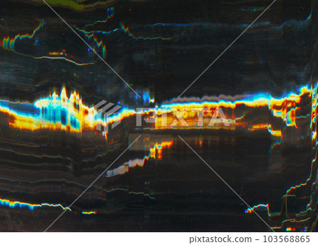 Color noise glow. Distressed old film. Analog glitch distortion. Blue orange white light flare artifacts dust scratch texture on dark black illustration abstract background. Color noise glow. Distressed old film. Analog glitch distortion. Blue orange white light flare artifacts dust scratch texture on dark black illustration abstract background. 103568865