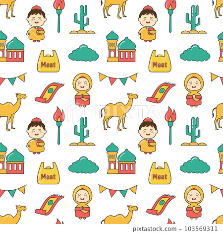 Happy Eid Al Adha Mubarak Seamless Pattern of Muslims Celebration with Sacrificial Animals in Template Hand Drawn Cartoon Flat Illustration Happy Eid Al Adha Mubarak Seamless Pattern of Muslims Celebration with Sacrificial Animals in Template Hand Drawn Cartoon Flat Illustration 103569311