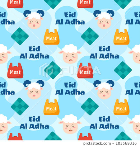 Happy Eid Al Adha Mubarak Seamless Pattern of Muslims Celebration with Sacrificial Animals in Template Hand Drawn Cartoon Flat Illustration 103569316