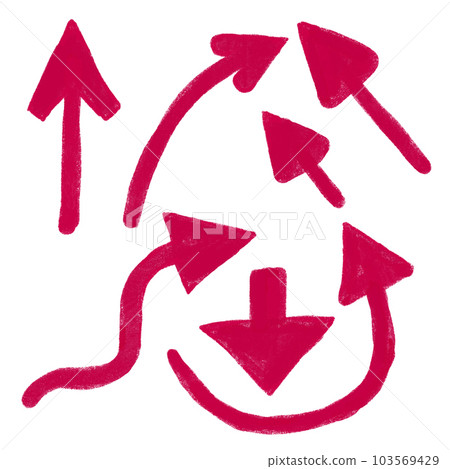 Hand drawn illustration set of red magenta simple minimalist arrows. Direction up down sideways curved, points destination process, crayon texture symbol design element. 103569429