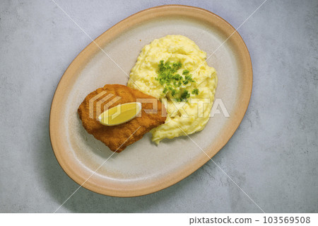 Typical Czech cuisine chicken cutlet with mashed potatoes Typical Czech cuisine chicken cutlet with mashed potatoes 103569508