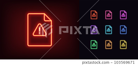 Outline neon file damage icon set. Glowing neon document with exclamation mark, danger data. Damaged document, unreliable agreement, unsafe file, problem and error warning, risk alert 103569671