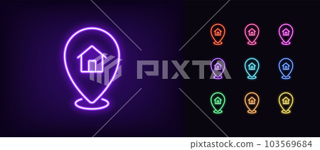 Outline neon home pointer icon set. Glowing neon map pin with house sign, booking apartment service, location marker. Home and apartment rent, cottage location, house address position 103569684