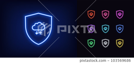 Outline neon shield security icon set. Glowing neon shield with digital cloud storage sign, cloud data exchange. Cyber security, secure cloud synchronization, reliable update, file backup Outline neon shield security icon set. Glowing neon shield with digital cloud storage sign, cloud data exchange. Cyber security, secure cloud synchronization, reliable update, file backup 103569686