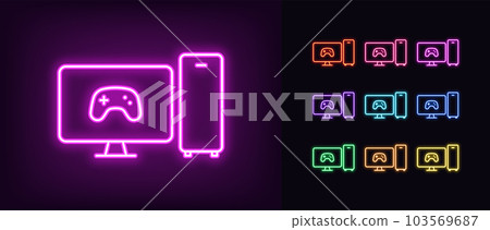 Outline neon gaming pc icon set. Glowing neon system unit and monitor screen with game controller sign, computer with gamepad pictogram. Game PC system, high gaming performance and power Outline neon gaming pc icon set. Glowing neon system unit and monitor screen with game controller sign, computer with gamepad pictogram. Game PC system, high gaming performance and power 103569687