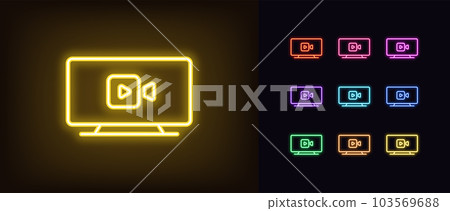 Outline neon television icon set. Glowing neon TV screen with video camera sign, television content. Movie channel, TV series, live show, cinema series, video interview, news broadcast 103569688