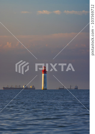 Phare de Chauvea near Ile de Re with ships to La Rochelle, Pays de la Loire, France 103569712