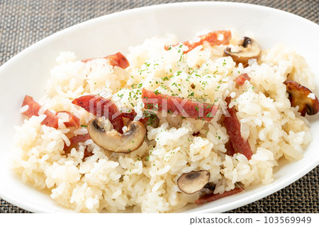 Salami and mushroom butter rice. Salami and mushroom butter rice. 103569949